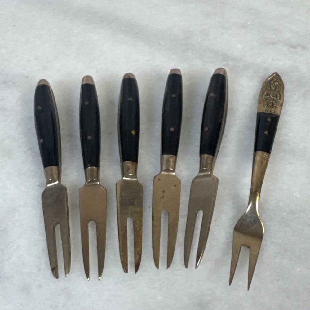 Vintage - SET of 6- Thailand BRASS & TEAKWOOD - Cocktail FORKS - 1960's